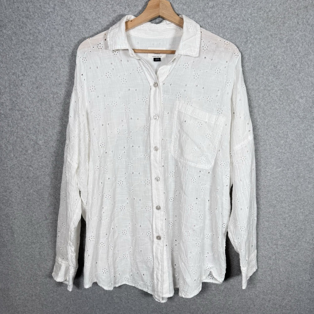 American Eagle Shirt Womens Small Oversized Eyelet Button Up White Cotton